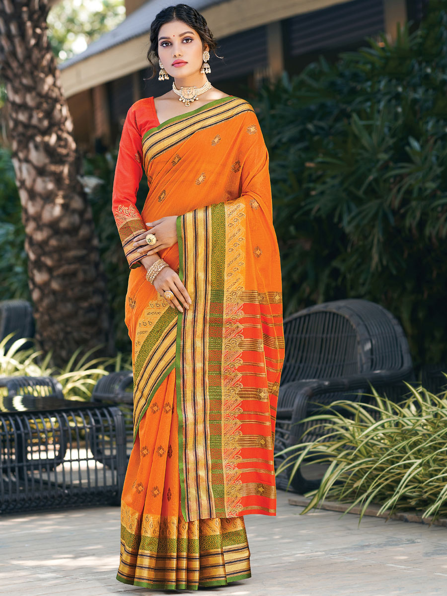 Orange Cotton Handwoven Festival Saree