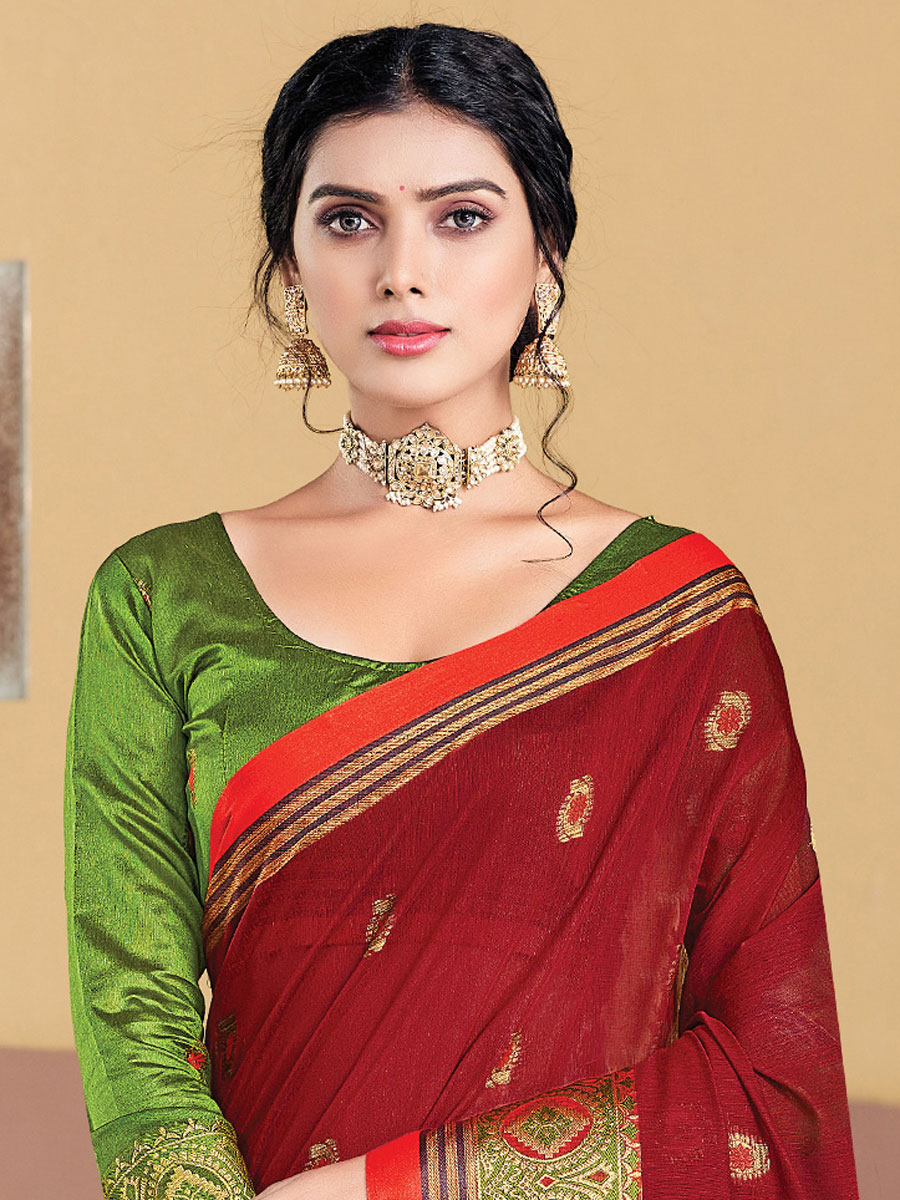 Maroon Cotton Handwoven Festival Saree