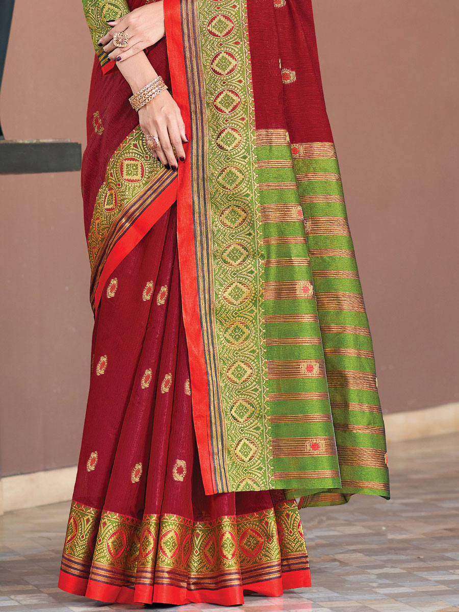 Maroon Cotton Handwoven Festival Saree