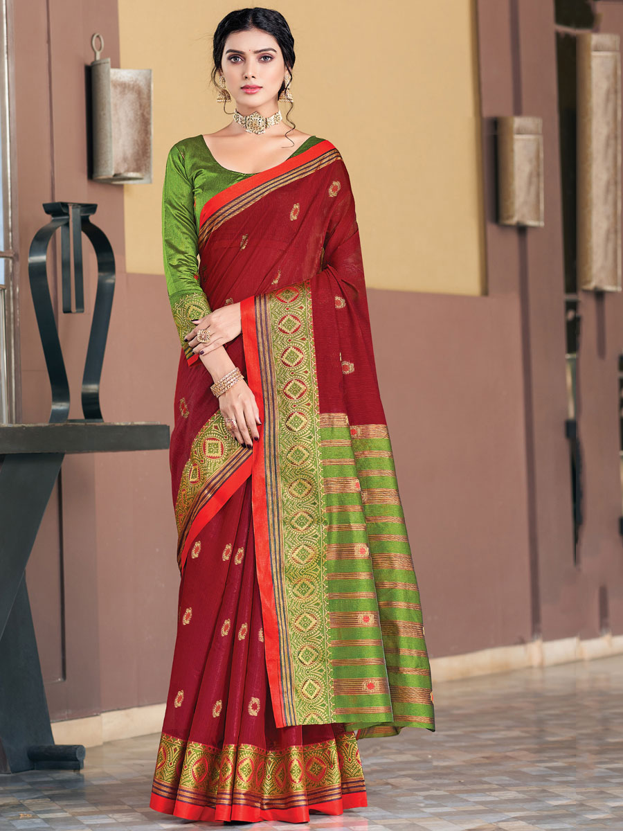 Maroon Cotton Handwoven Festival Saree