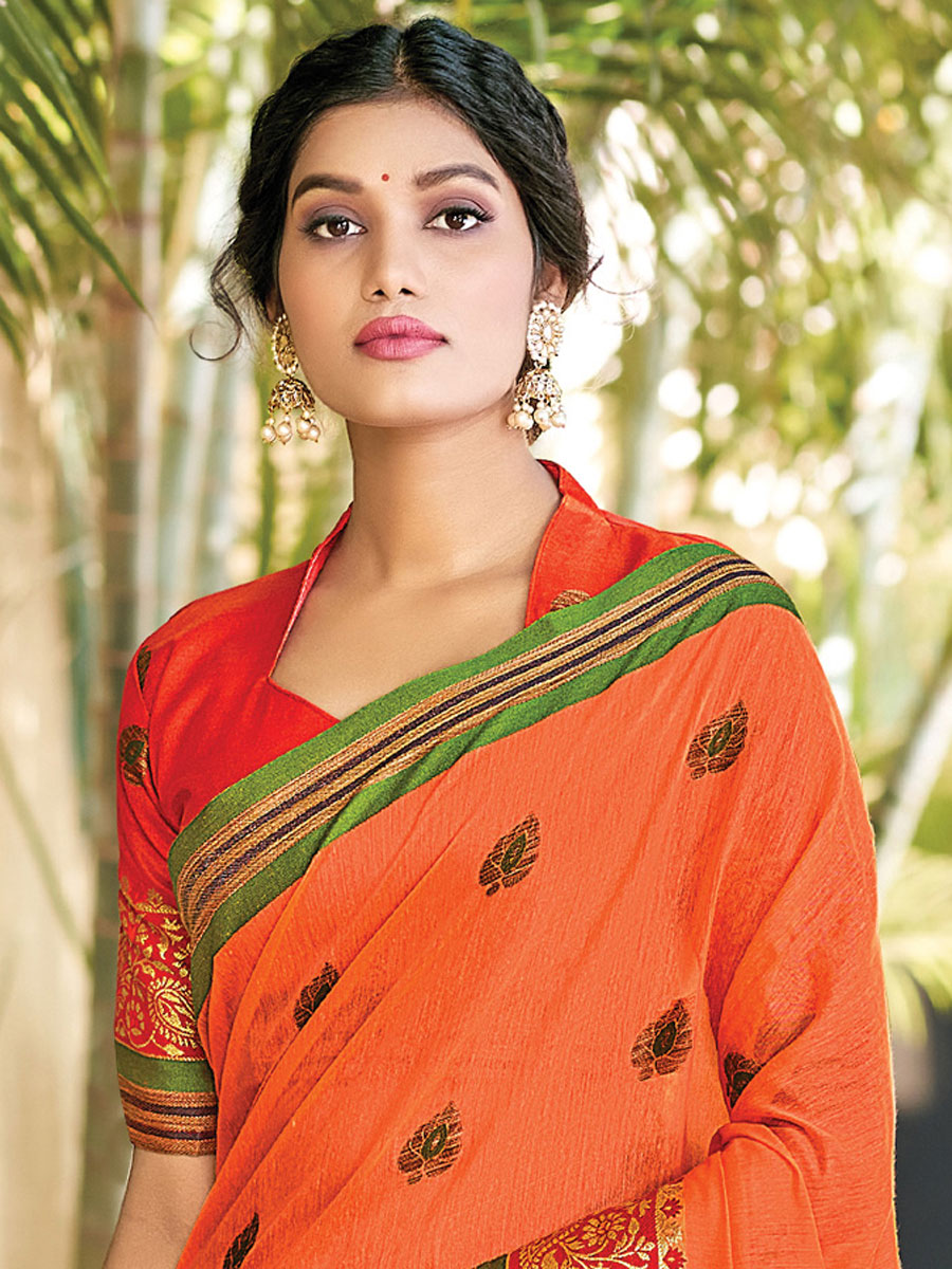 Orange Cotton Handwoven Festival Saree