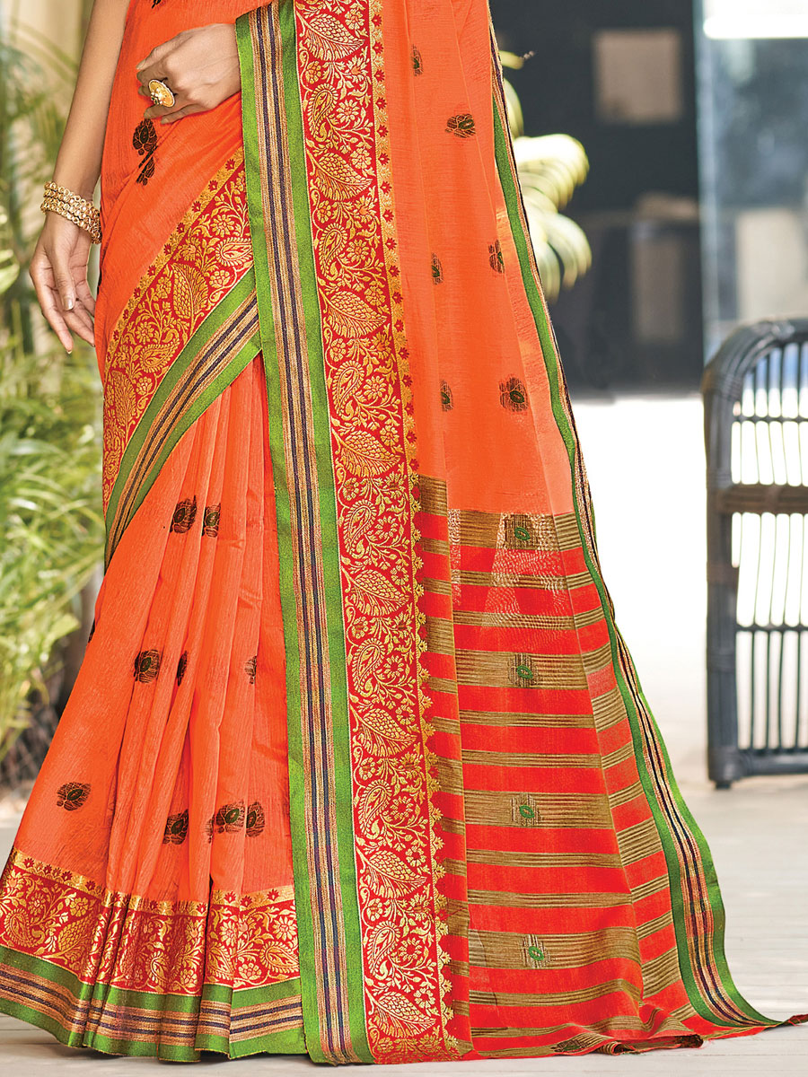 Orange Cotton Handwoven Festival Saree