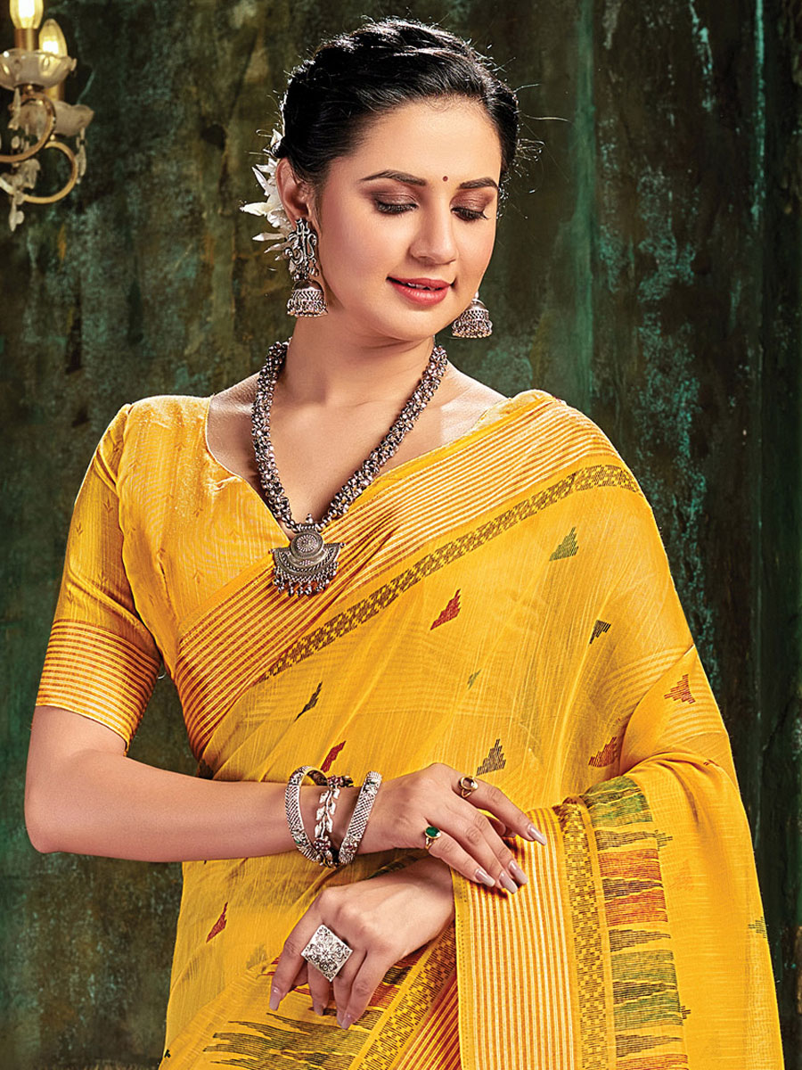 Yellow Cotton Casual Printed Saree