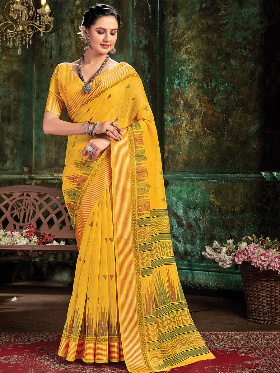 Yellow Cotton Casual Printed Saree