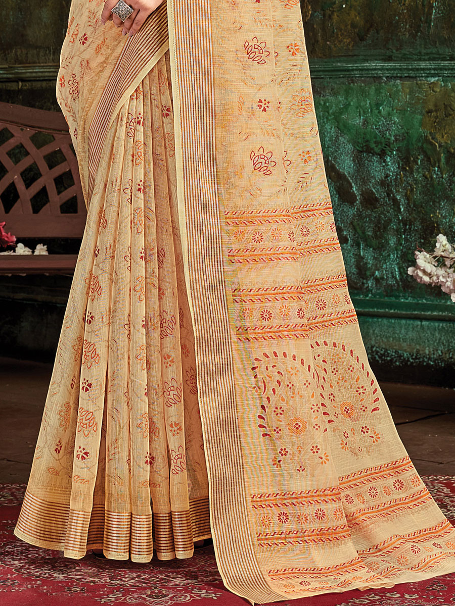 Beige Yellow Cotton Casual Printed Saree