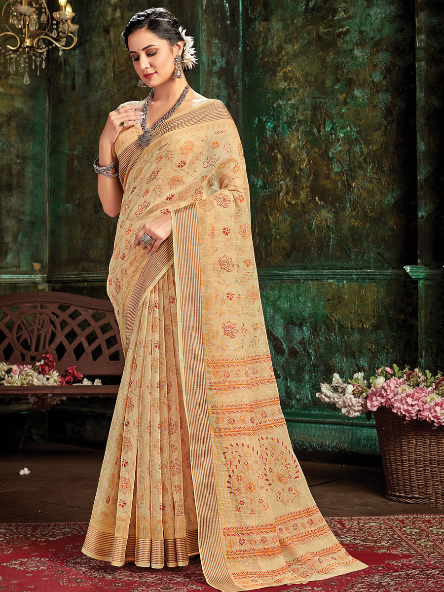 Beige Yellow Cotton Casual Printed Saree