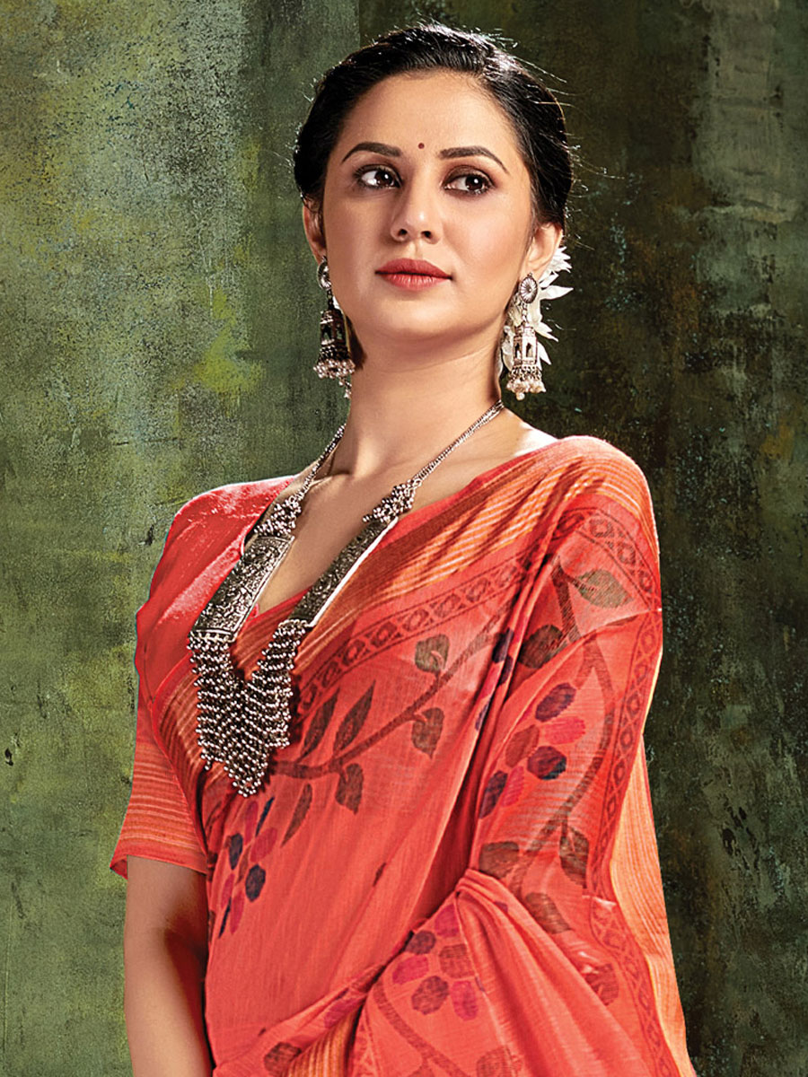 Carmine Pink Cotton Casual Printed Saree