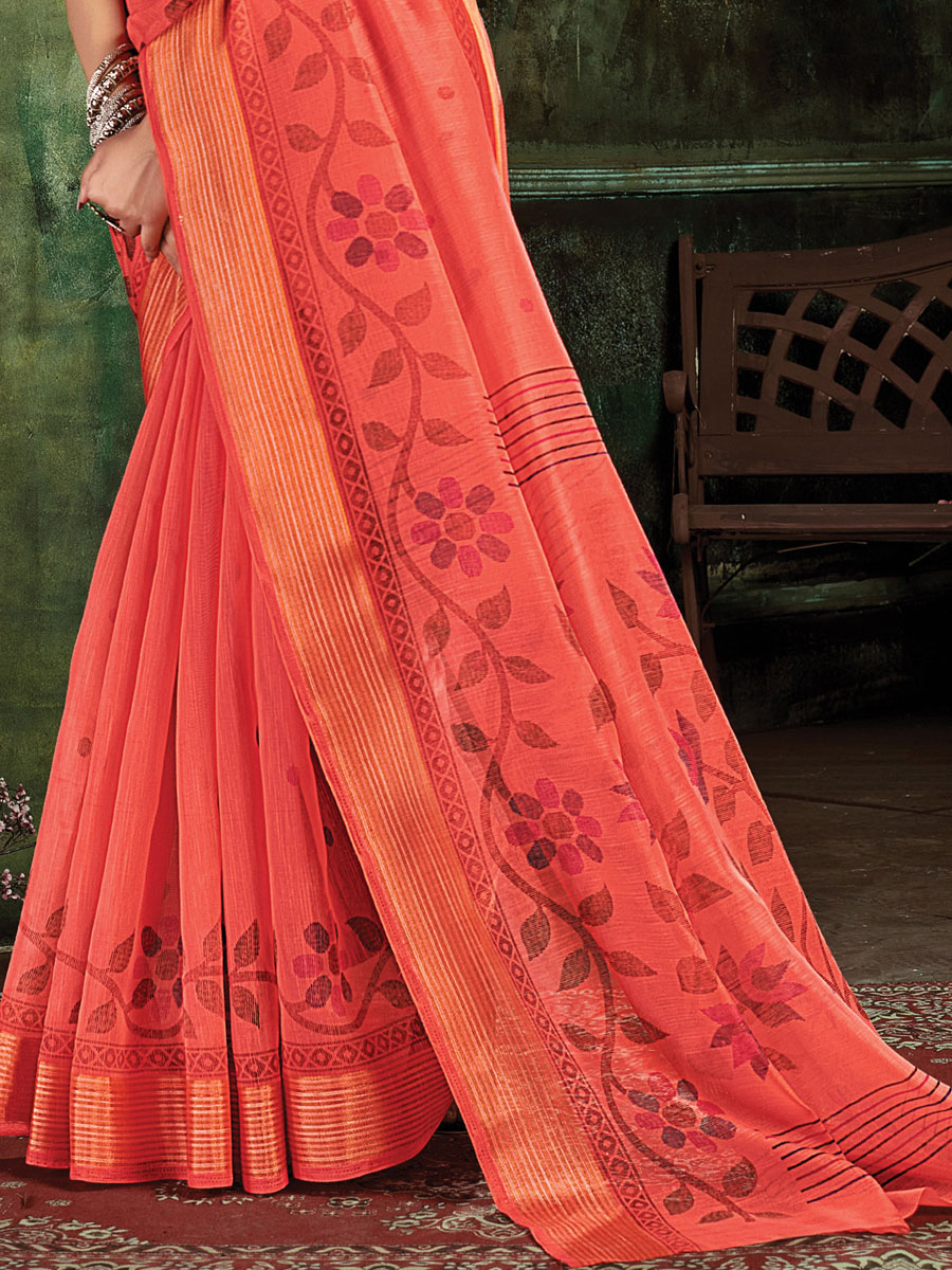 Carmine Pink Cotton Casual Printed Saree