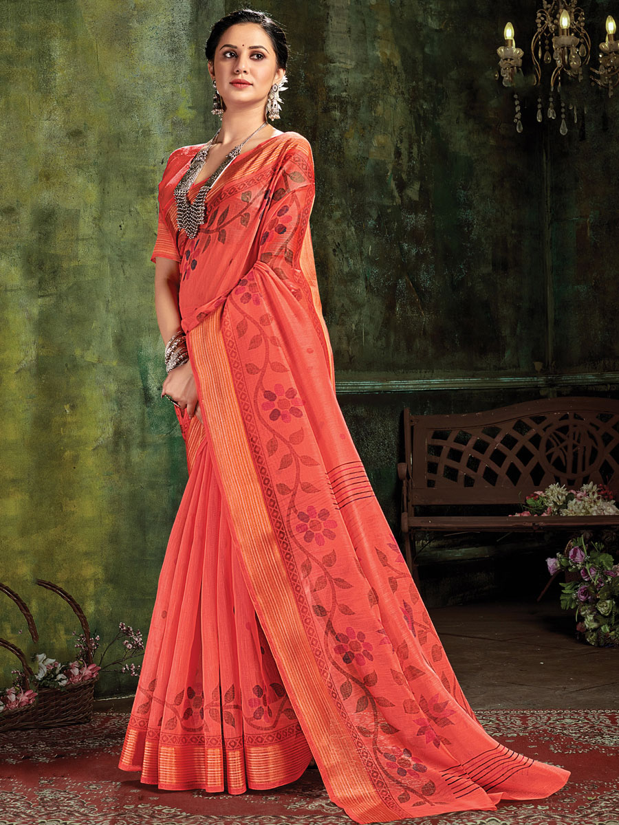 Carmine Pink Cotton Casual Printed Saree