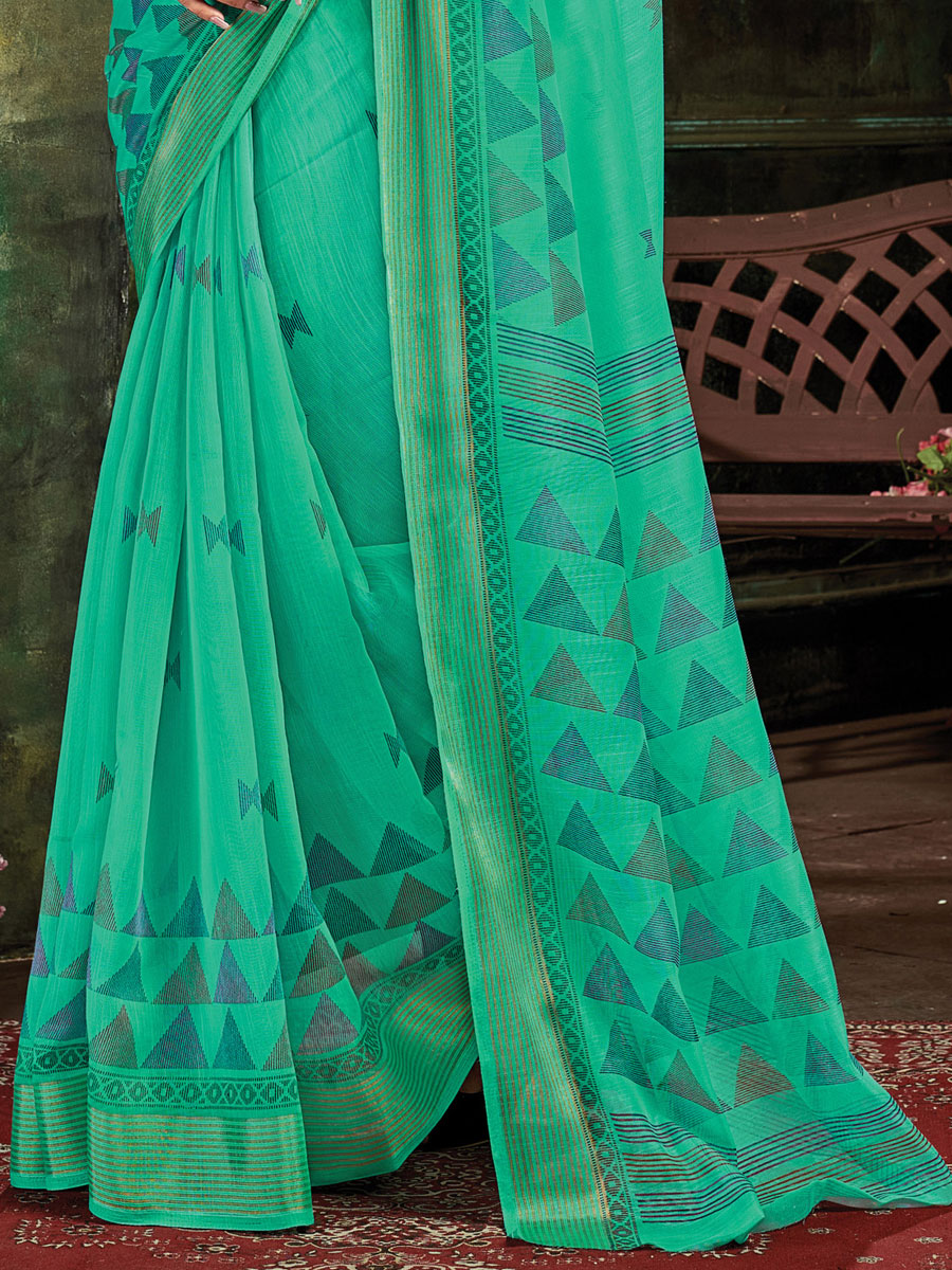 Light Jade Green Cotton Casual Printed Saree