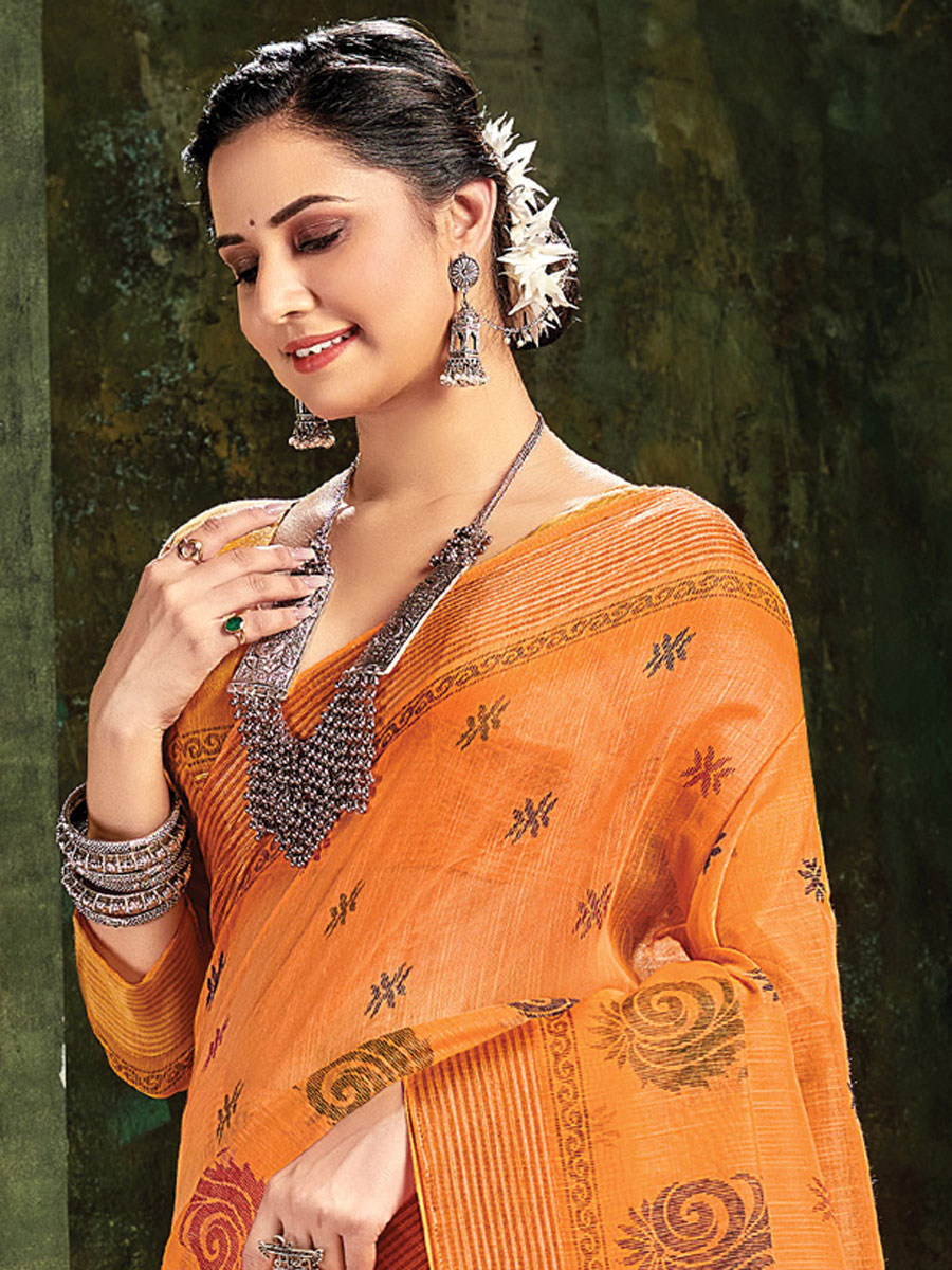 Orange Cotton Casual Printed Saree