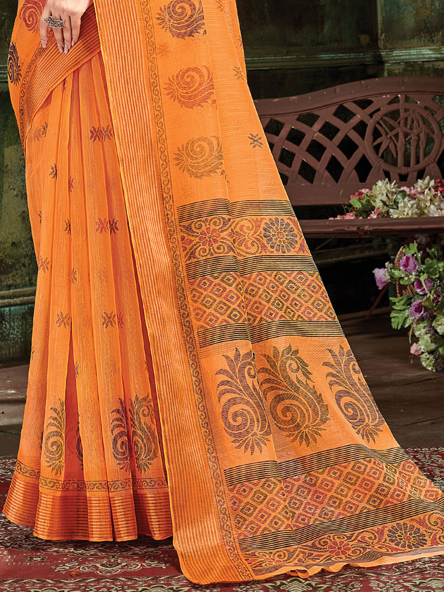 Orange Cotton Casual Printed Saree