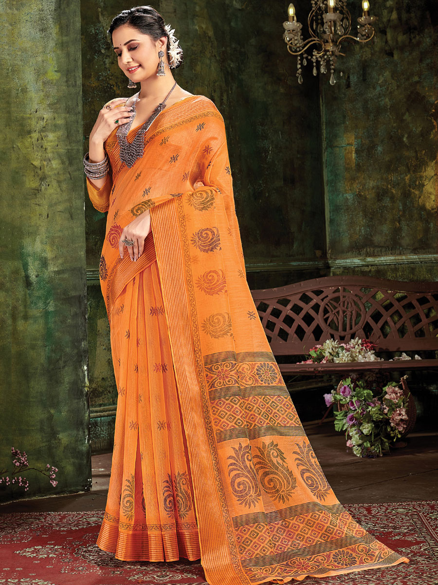 Orange Cotton Casual Printed Saree