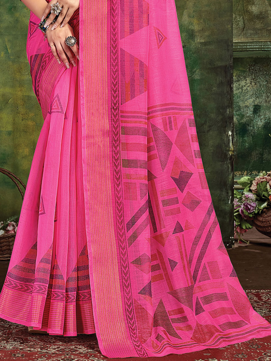Persian Rose Pink Cotton Casual Printed Saree