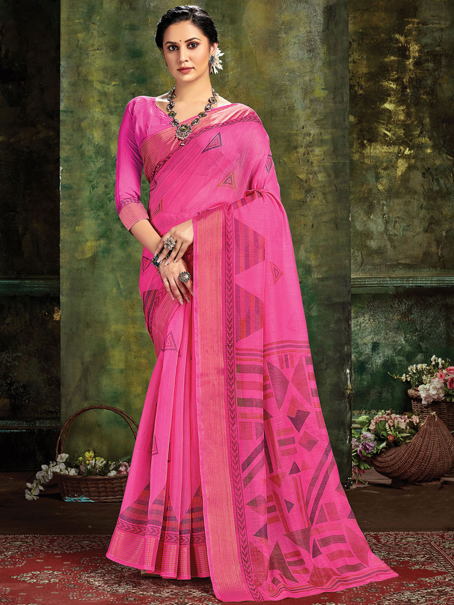 Persian Rose Pink Cotton Casual Printed Saree
