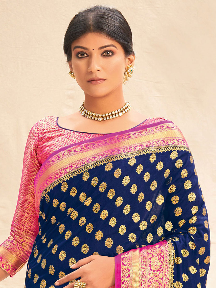 Navy Blue Silk Handwoven Festival Saree