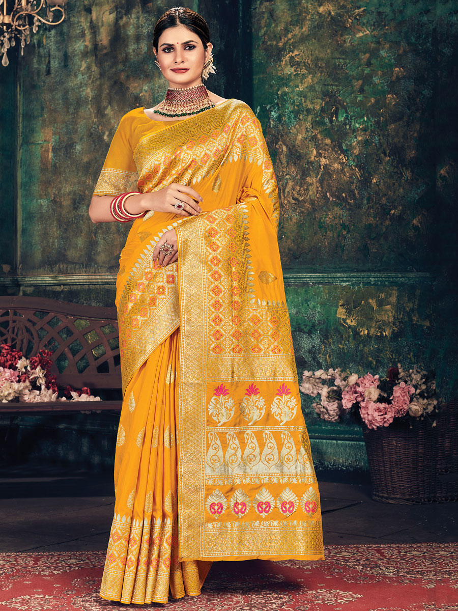 Orange Banarasi Silk Handwoven Festival Saree