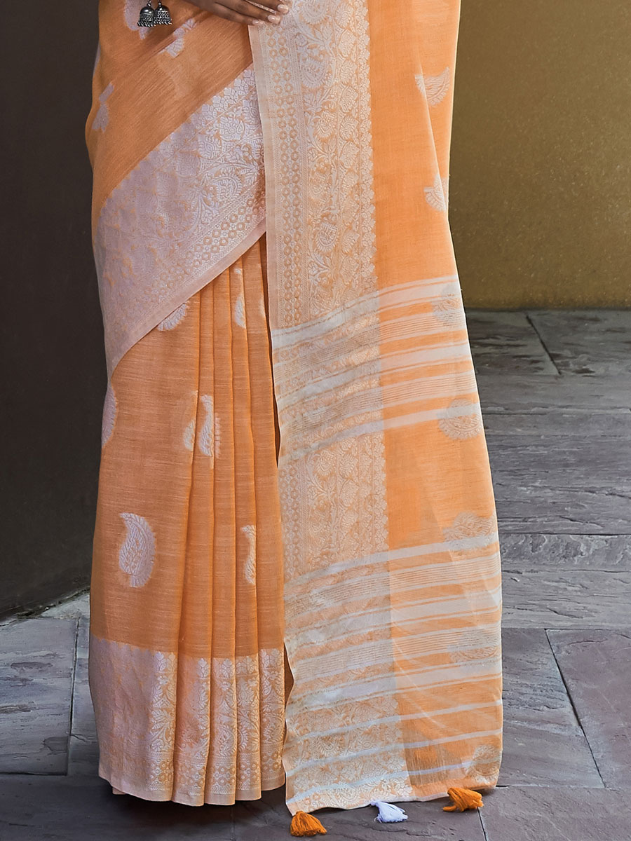 Light Orange Linen Handwoven Festival Saree