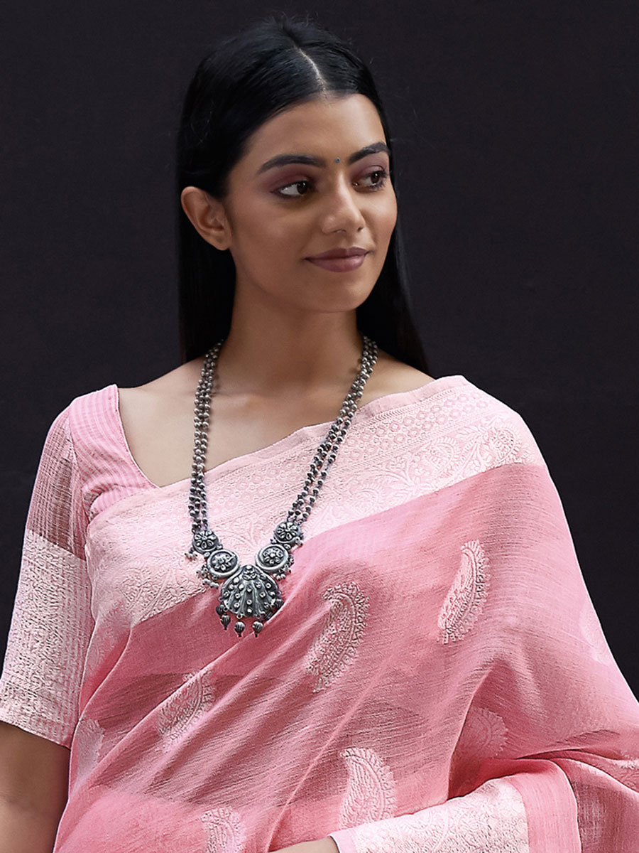 Light Pink Linen Handwoven Festival Saree
