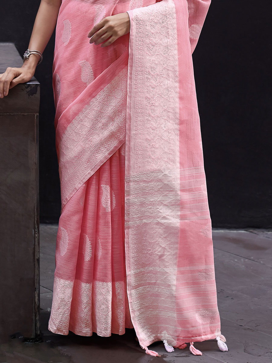 Light Pink Linen Handwoven Festival Saree