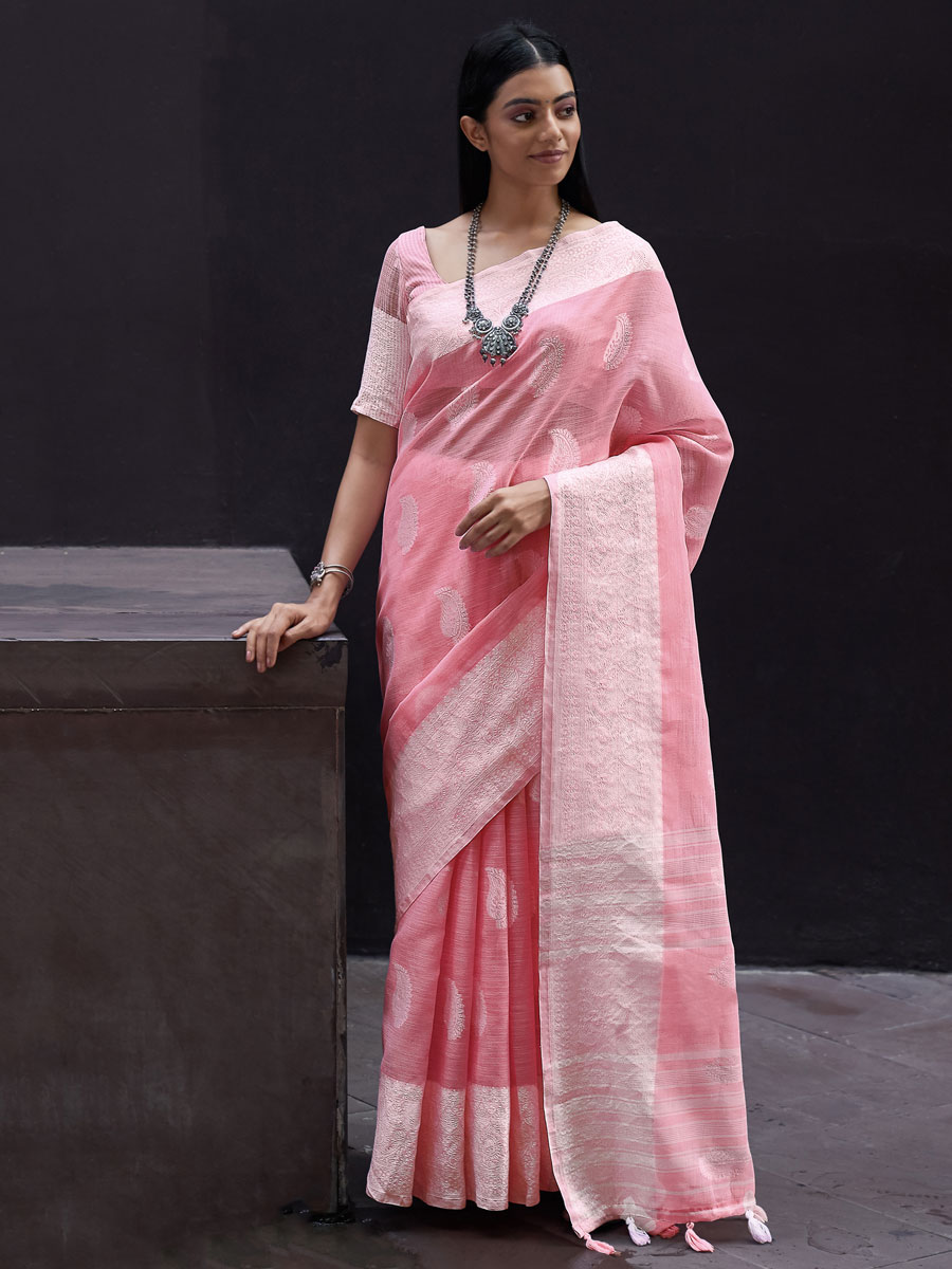Light Pink Linen Handwoven Festival Saree