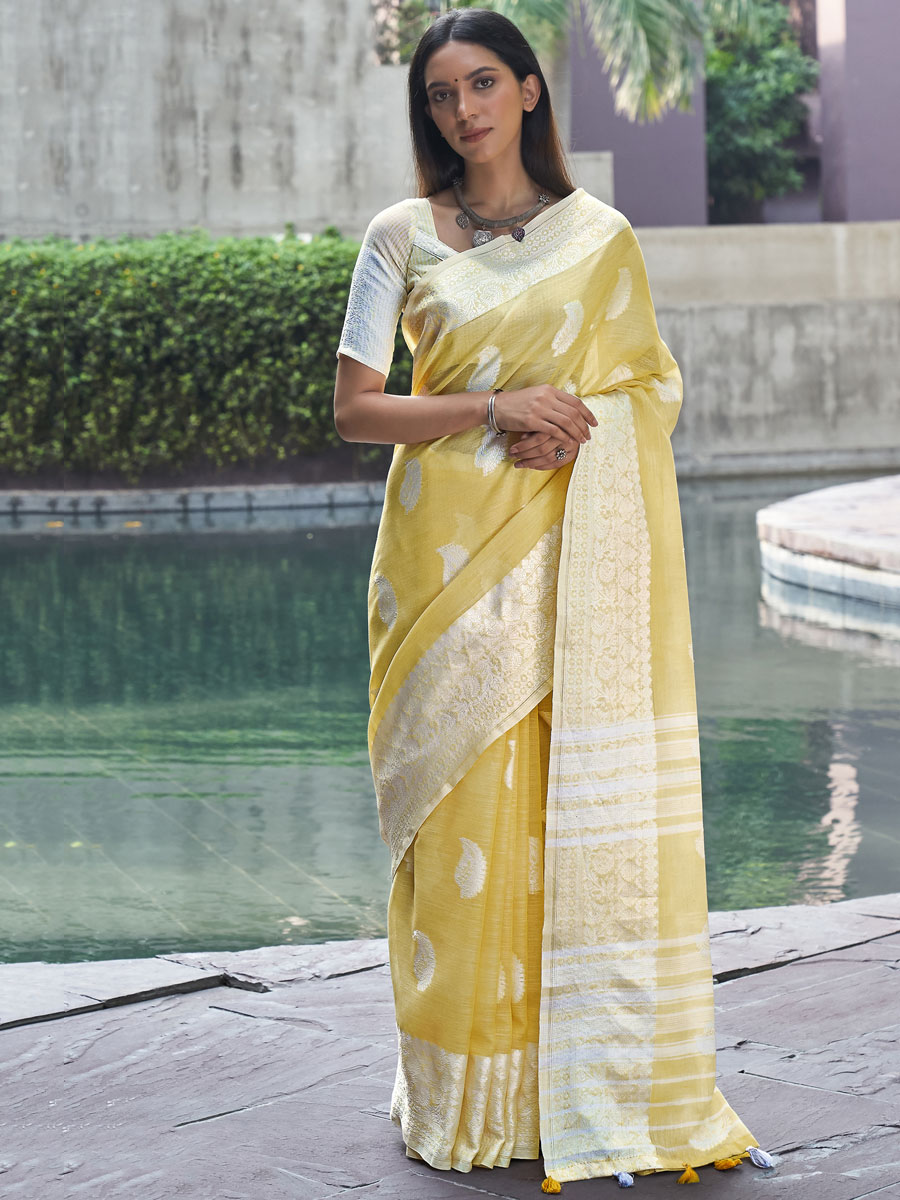 Light Yellow Linen Handwoven Festival Saree