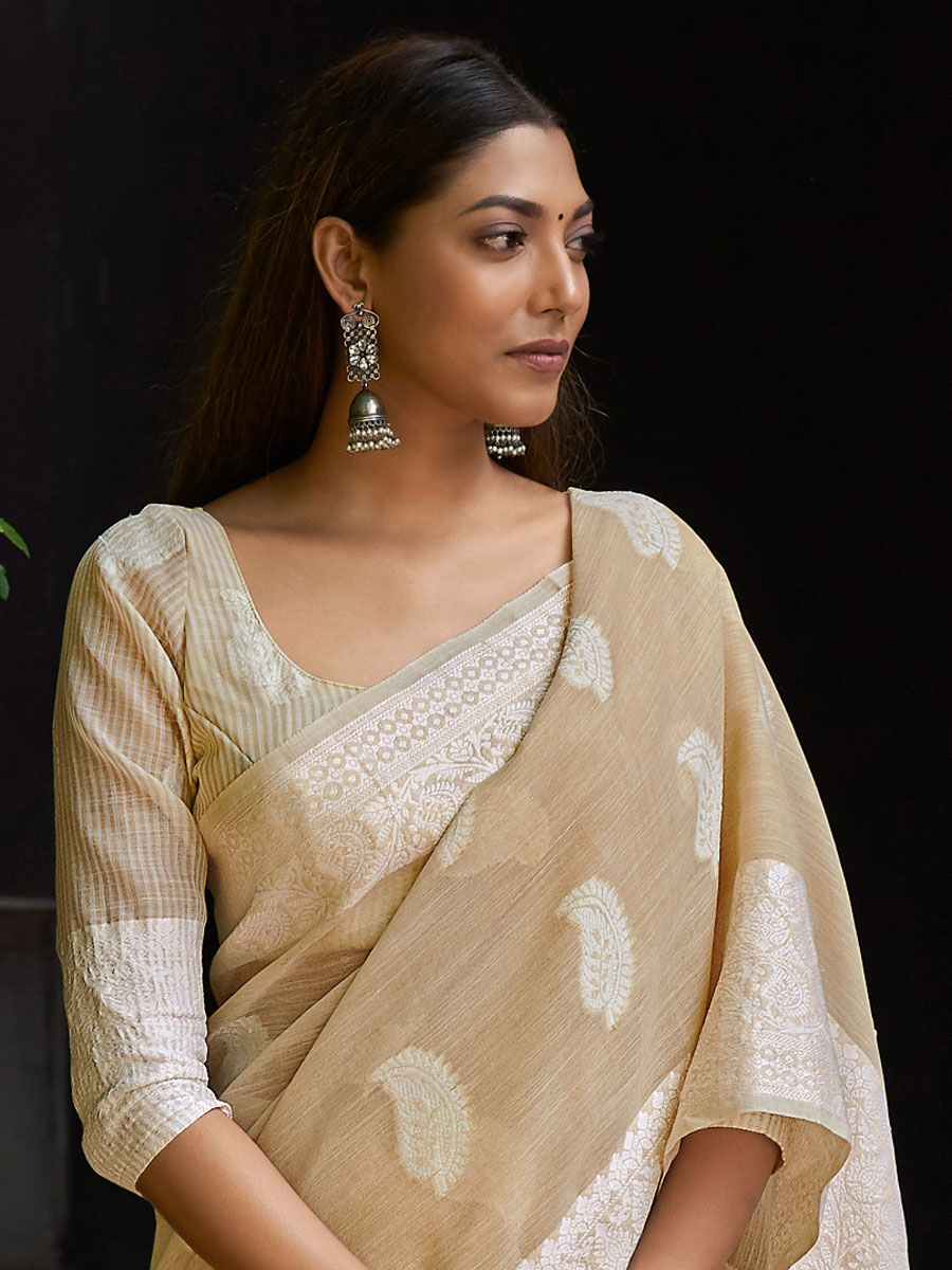 Beige Yellow Linen Handwoven Festival Saree