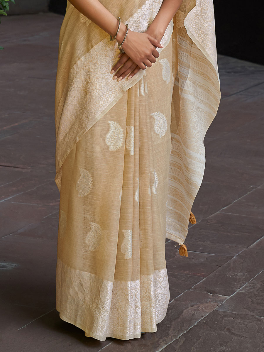 Beige Yellow Linen Handwoven Festival Saree