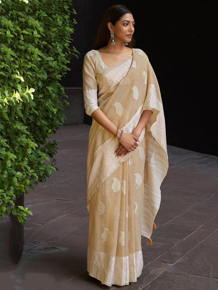 Beige Yellow Linen Handwoven Festival Saree