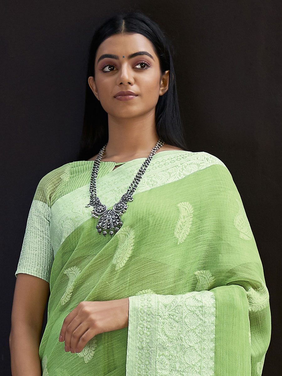 Perrot Green Linen Handwoven Festival Saree