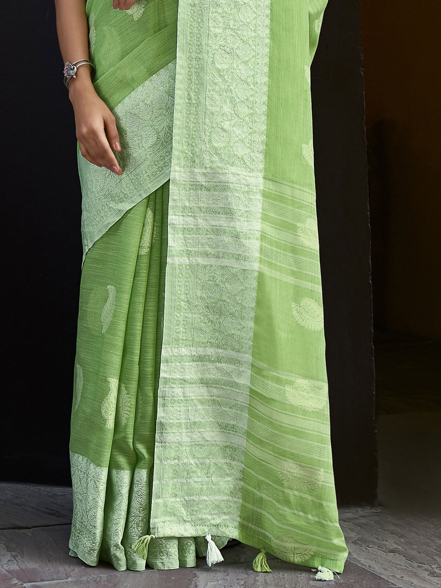 Perrot Green Linen Handwoven Festival Saree