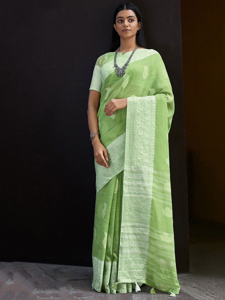 Perrot Green Linen Handwoven Festival Saree