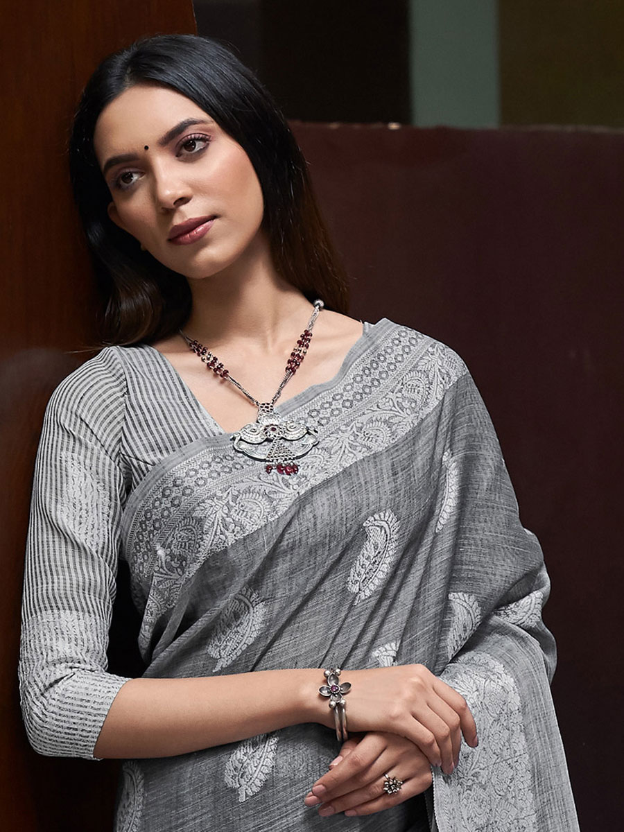 Grey Linen Handwoven Festival Saree