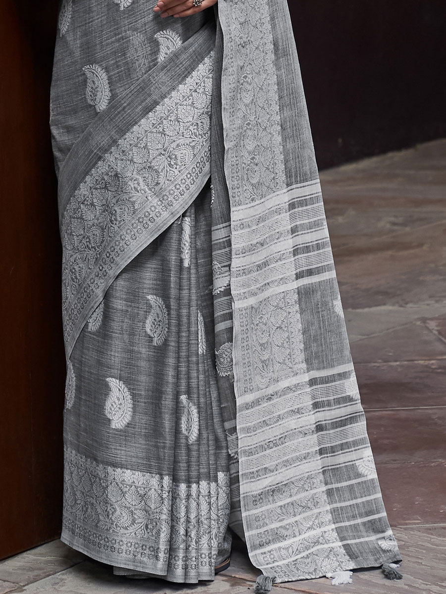 Grey Linen Handwoven Festival Saree