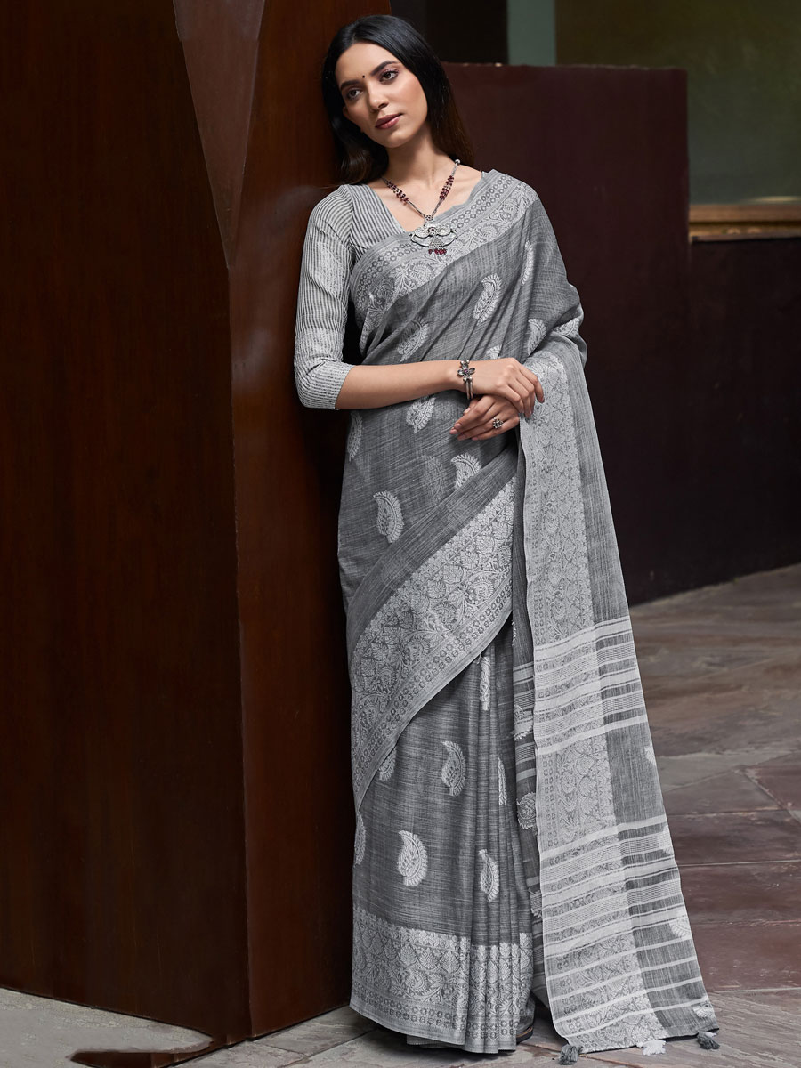 Grey Linen Handwoven Festival Saree