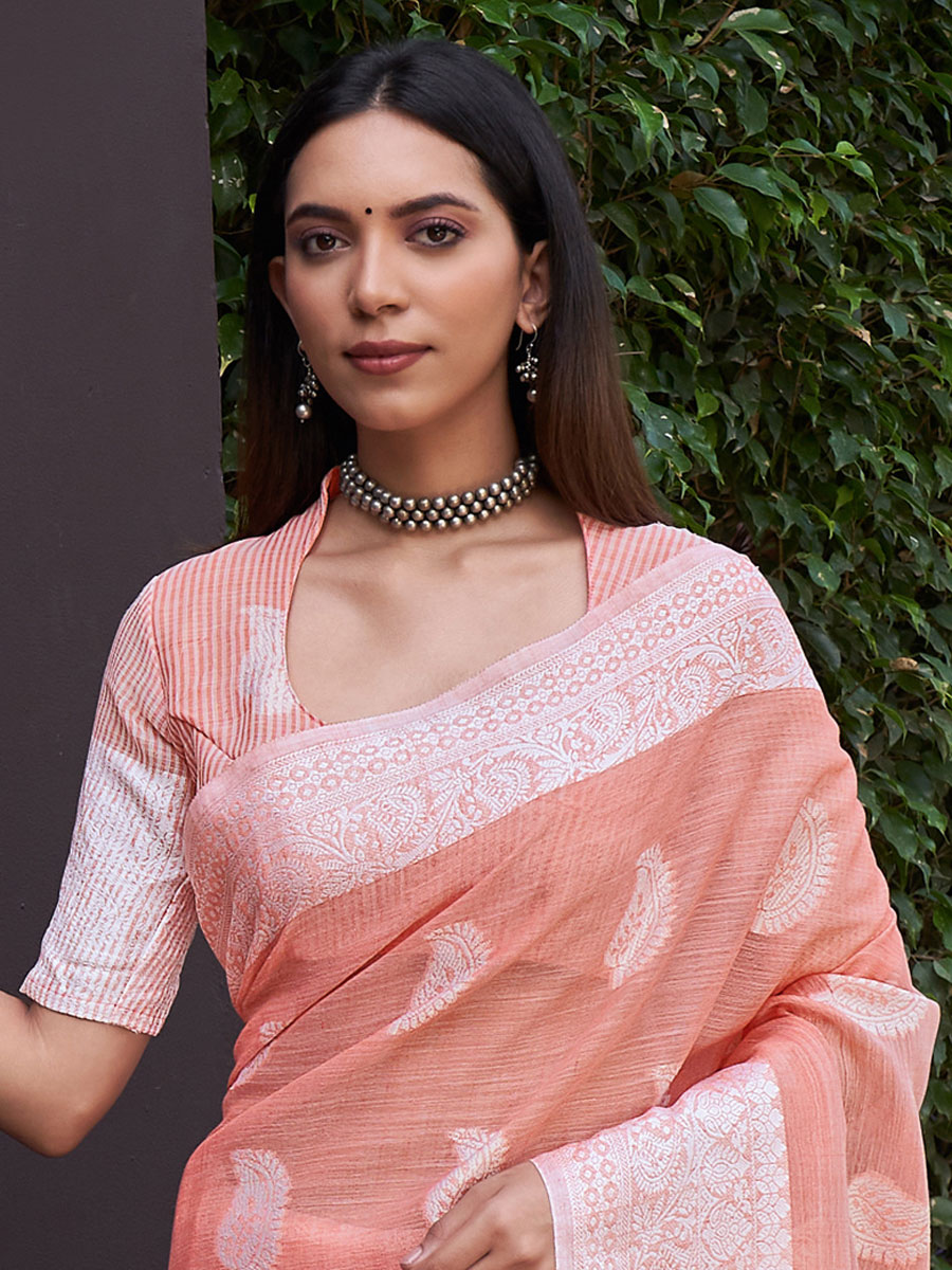 Peach Pink Linen Handwoven Festival Saree