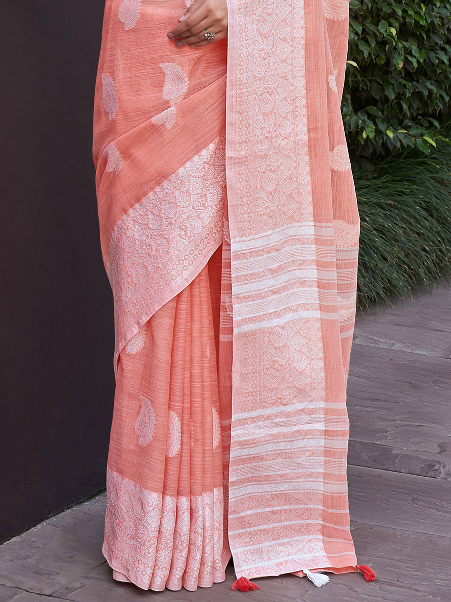 Peach Pink Linen Handwoven Festival Saree