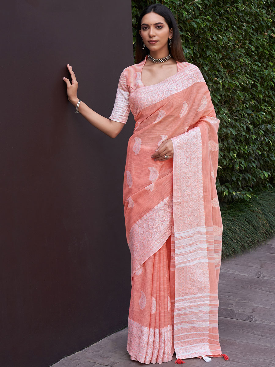 Peach Pink Linen Handwoven Festival Saree