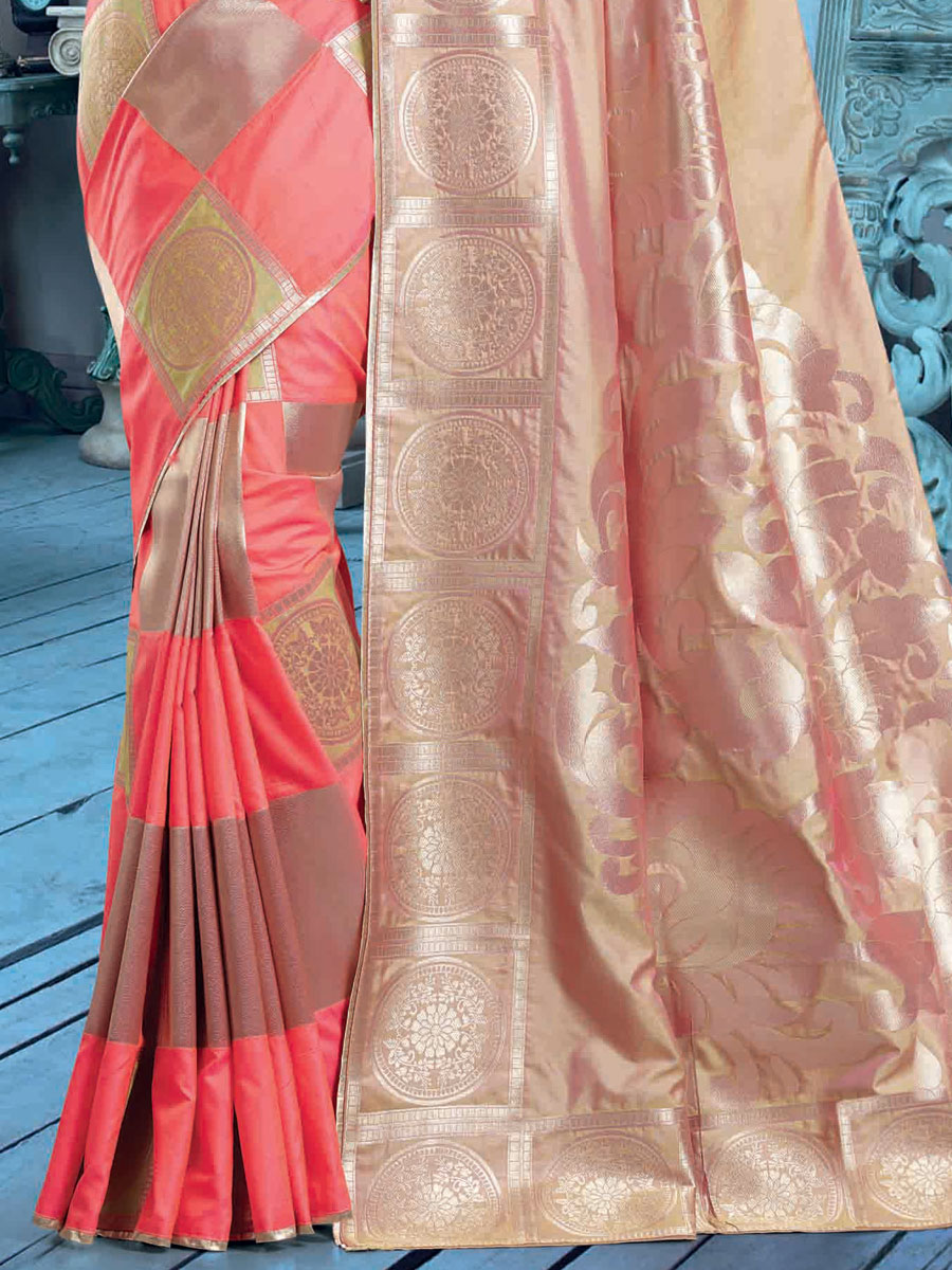 Coral Pink Banarasi Silk Handwoven Festival Saree