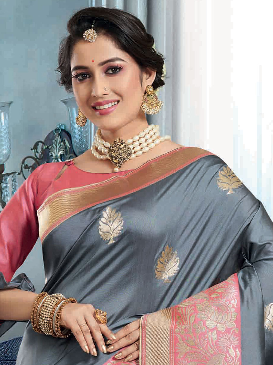 Slate Gray Banarasi Silk Handwoven Festival Saree