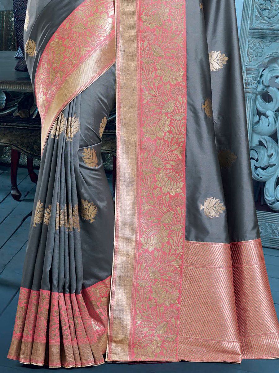 Slate Gray Banarasi Silk Handwoven Festival Saree