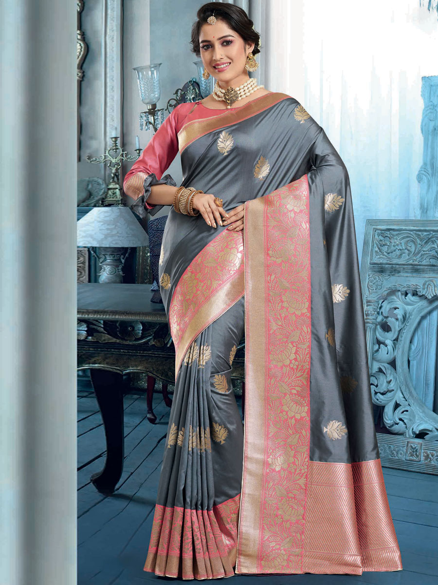 Slate Gray Banarasi Silk Handwoven Festival Saree