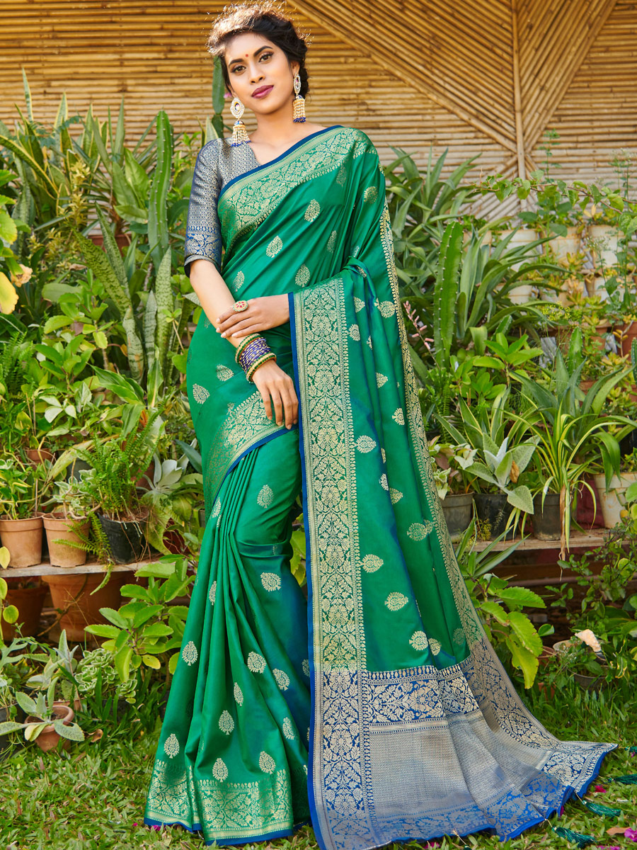 Pine Green Silk Handwoven Festival Saree
