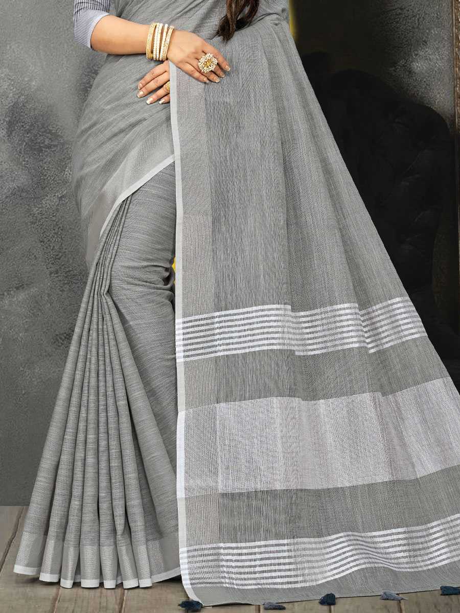 Grey Linen Printed Party Saree