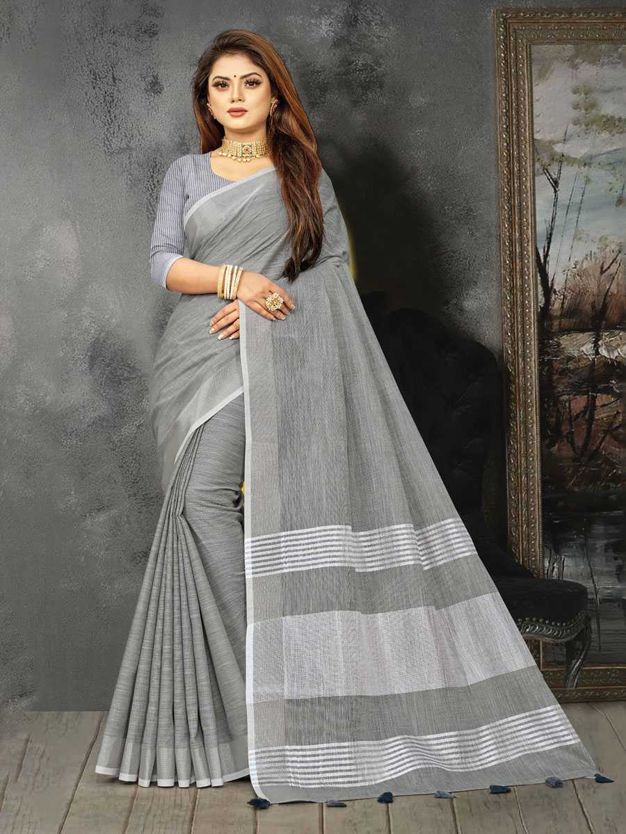 Grey Linen Printed Party Saree
