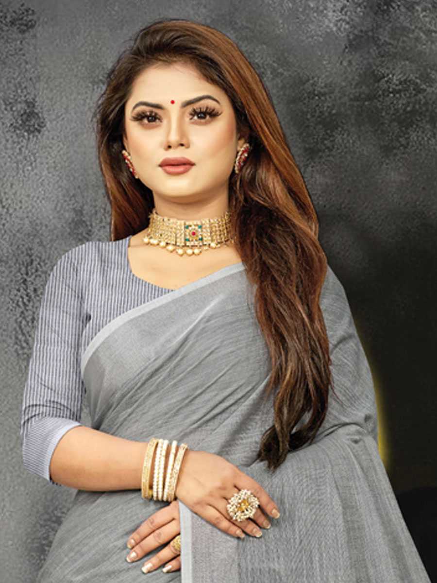 Grey Linen Printed Party Saree