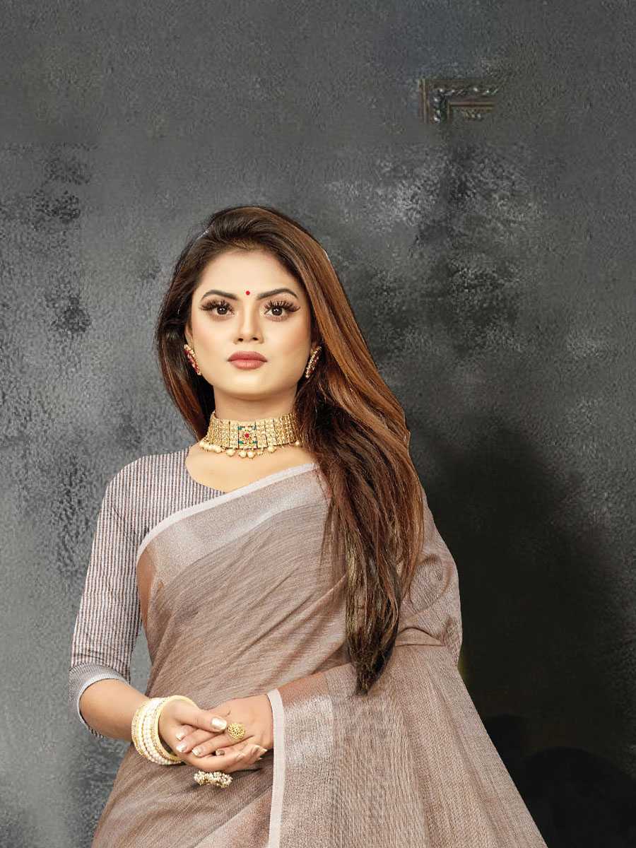 Dark Grey Linen Printed Party Saree
