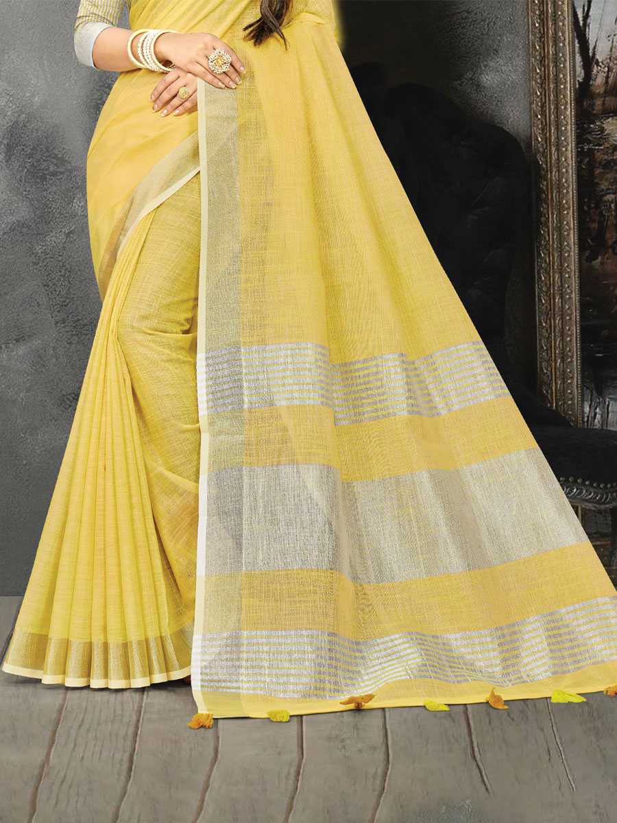 Yellow Linen Printed Party Saree