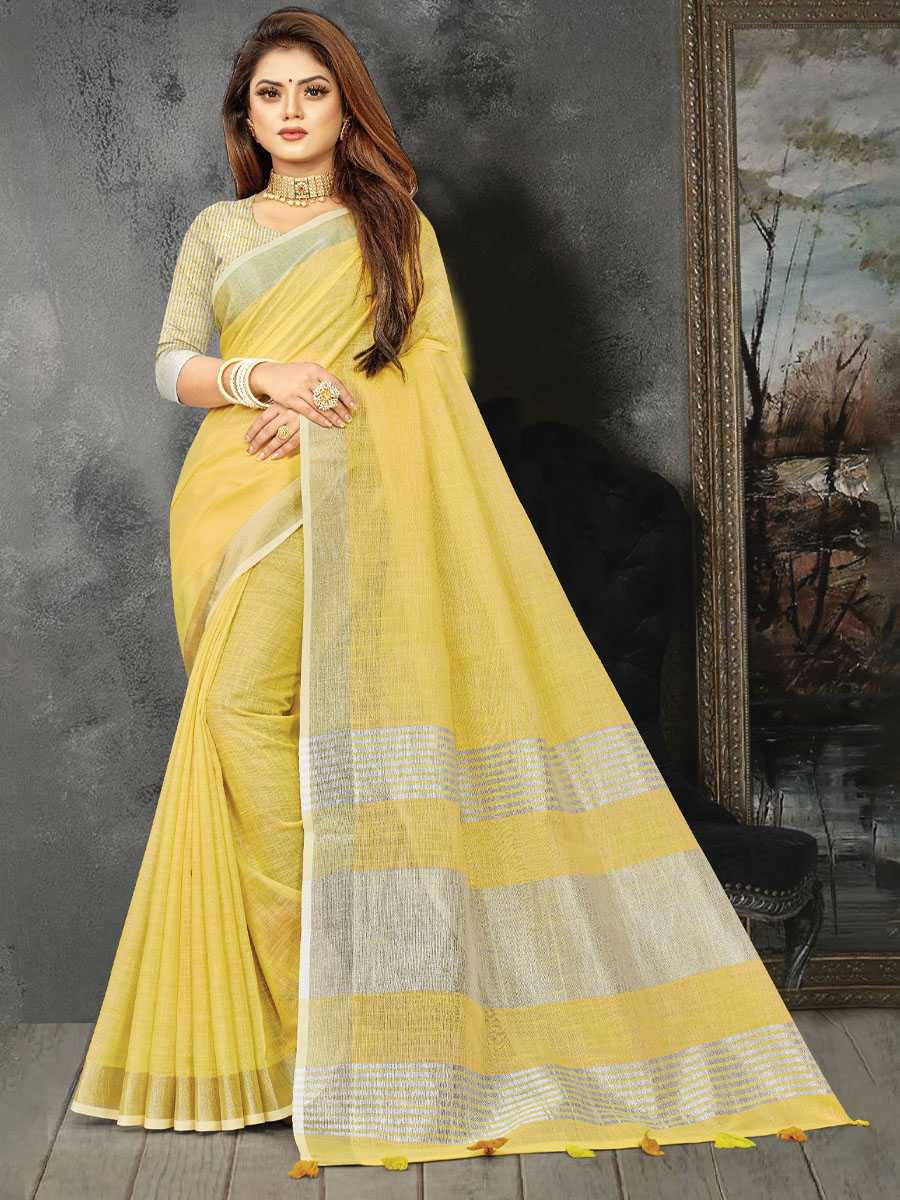 Yellow Linen Printed Party Saree