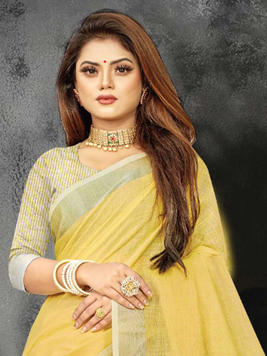 Yellow Linen Printed Party Saree